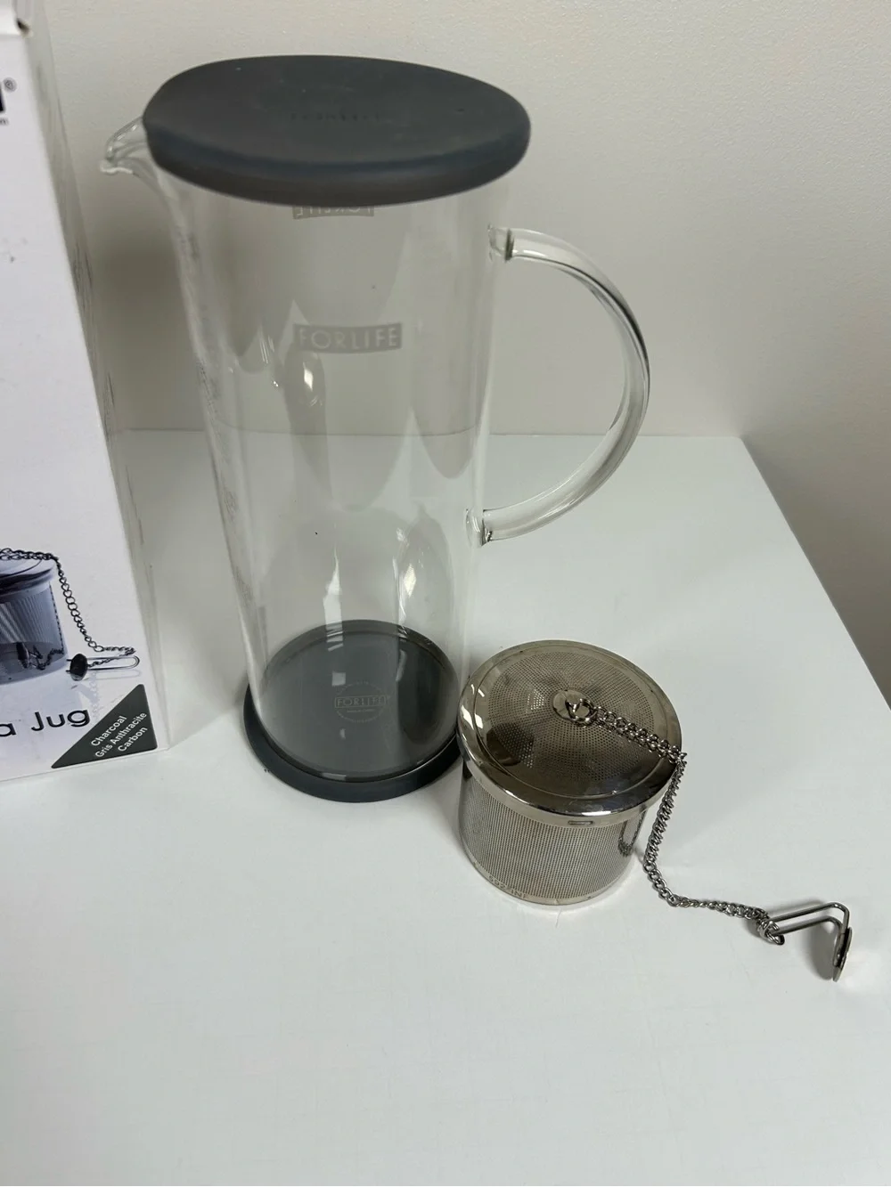 FORLIFE LUCENT Glass Iced Tea Jug with Charcoal Lid and Infuser 48-Ounce